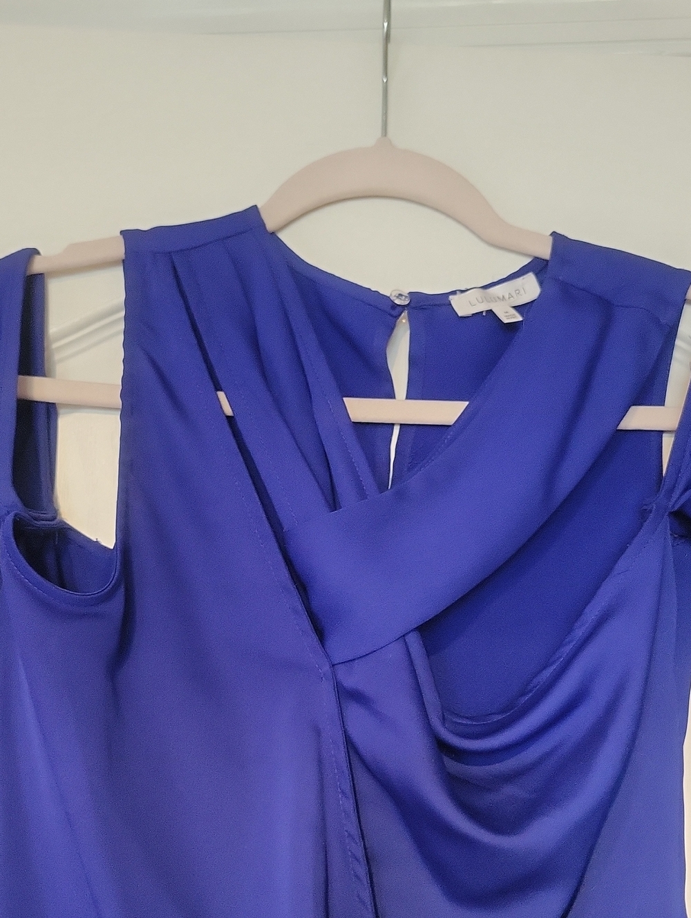 Lulumari Royal Blue Cold Shoulder Draped Wrap Blouse Tie Waist Size M